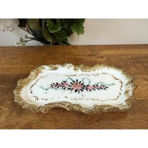 Antique Victorian Milk Glass Tray Hand Painted Floral‎ Ribbon Gold Trim Ornate